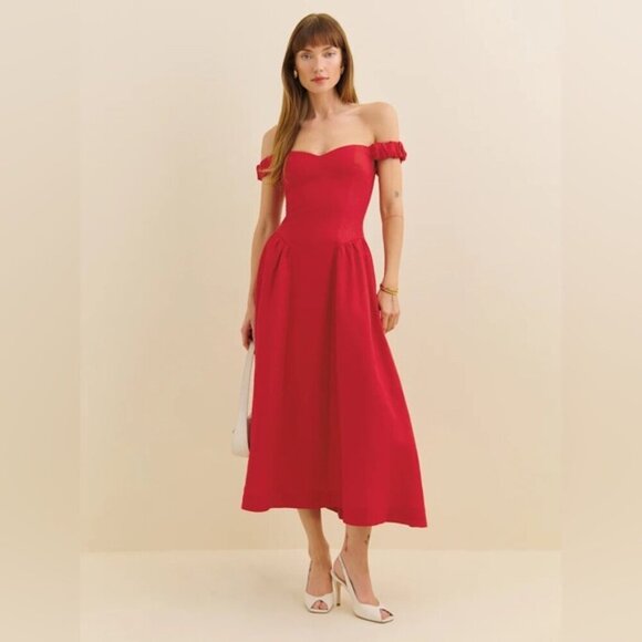 NEW Reformation Monet Linen Midi Dress Lipstick Red Off-Shoulder | size 2 - Picture 4 of 14